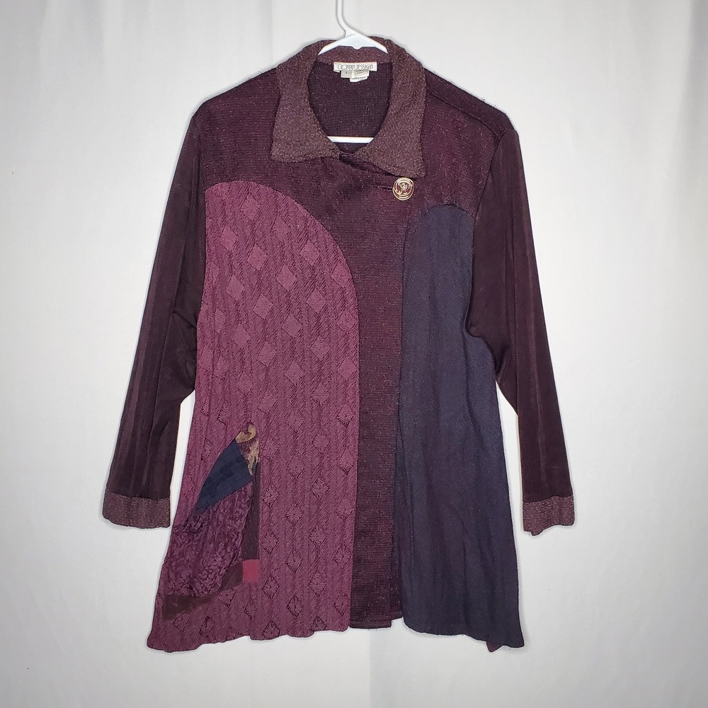 Art To Wear 90s Donna Jessica Pathwork Button Top XL Mixed Media Boho Lagenlook